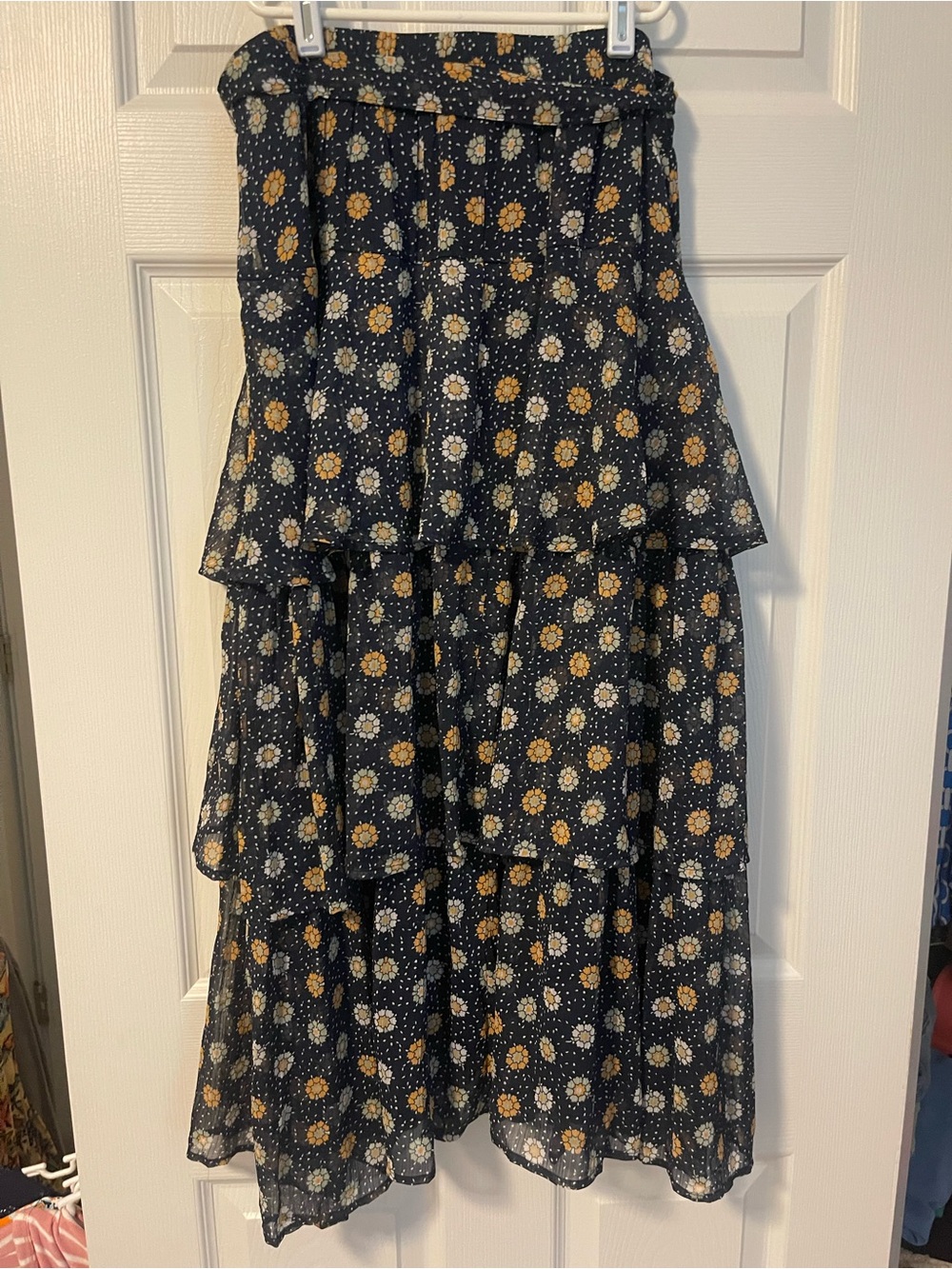 Navy Tiered Floral Skirt with Gold & White Flowers and tie belt - Picture 4 of 5